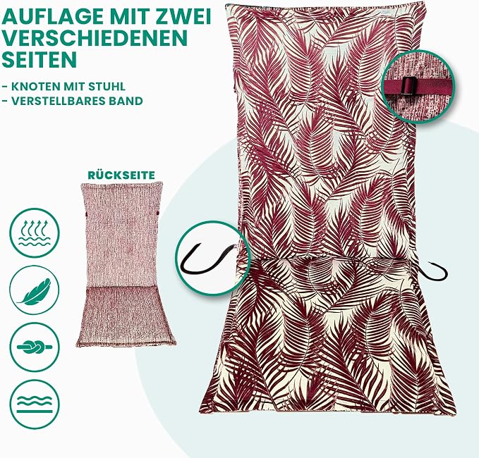 Goliez Hochlehner Gartenstuhlauflagen 2er Set – 120x50x6 cm | UV-beständig | Sitzauflagen für Gartenmöbel | Flora Red