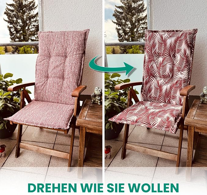 Goliez Hochlehner Gartenstuhlauflagen 2er Set – 120x50x6 cm | UV-beständig | Sitzauflagen für Gartenmöbel | Flora Red