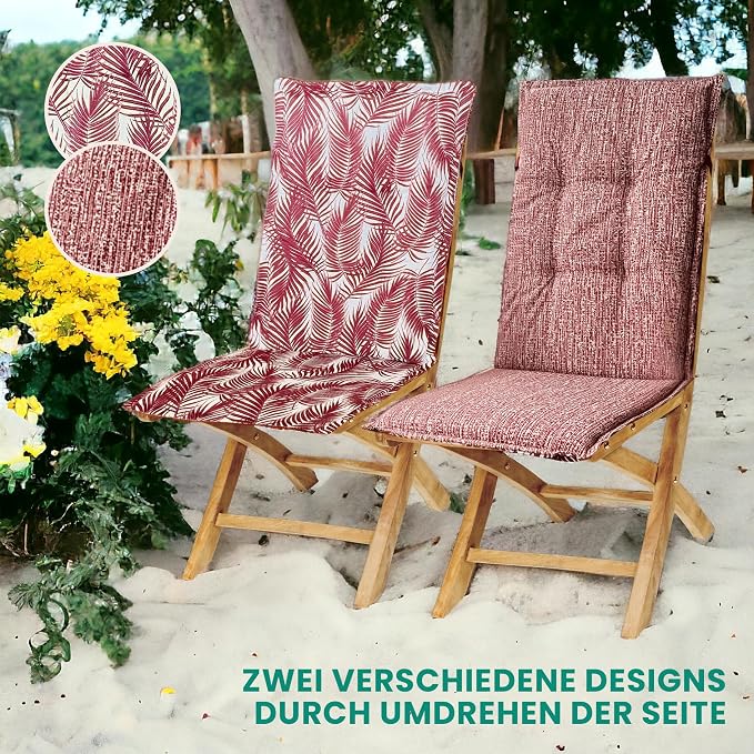 Goliez High-Backed Garden Chair Cushions Set of 2 – 120x50x6 cm | UV-Resistant | Seat Pads for Garden Furniture | Flora Red