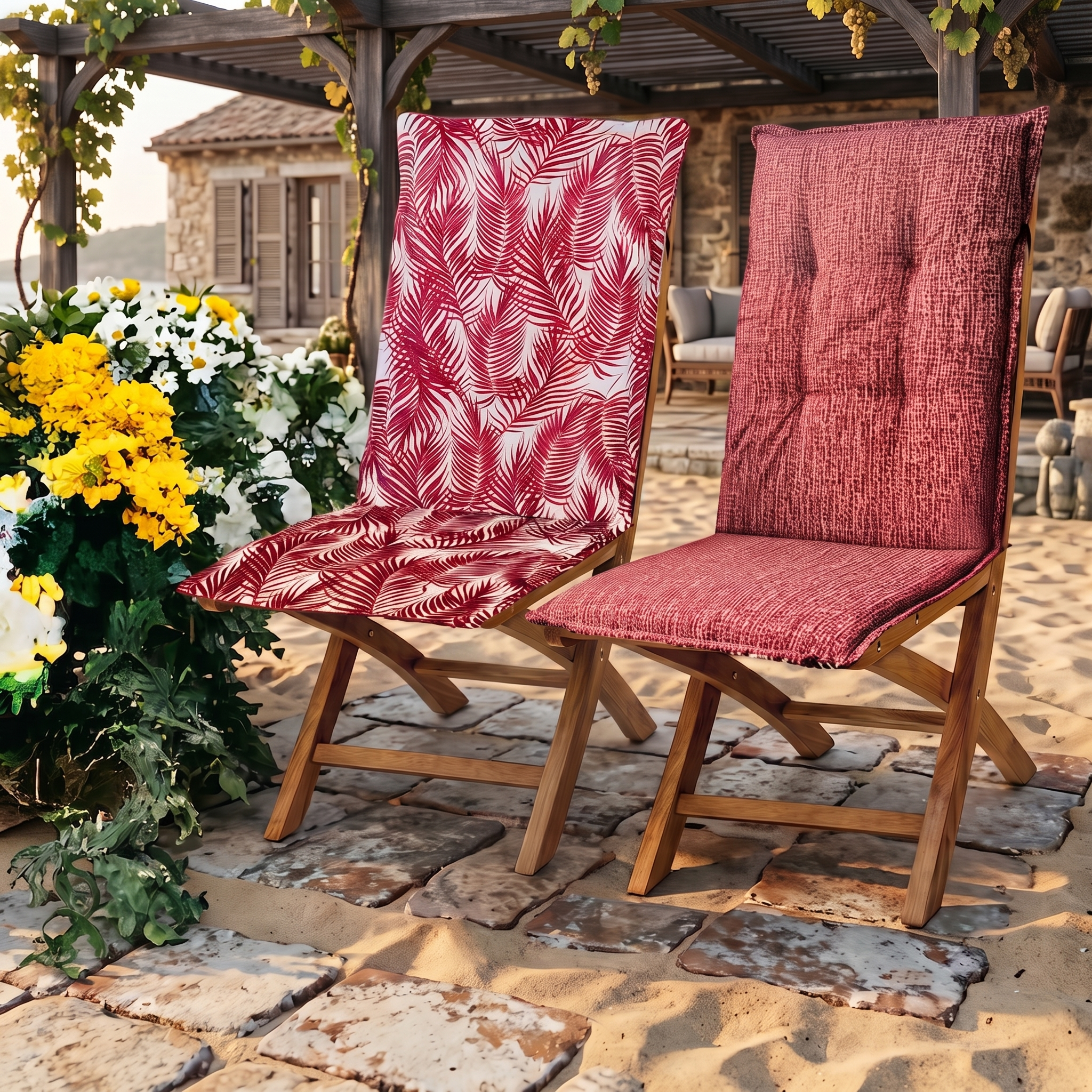 Goliez Hochlehner Gartenstuhlauflagen 2er Set – 120x50x6 cm | UV-beständig | Sitzauflagen für Gartenmöbel | Flora Red